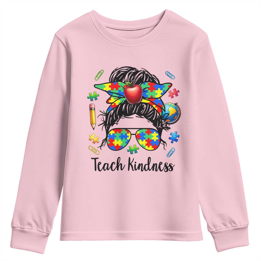 Sped Educator Autism Support Youth Sweatshirt Teach Kindness Messy Bun