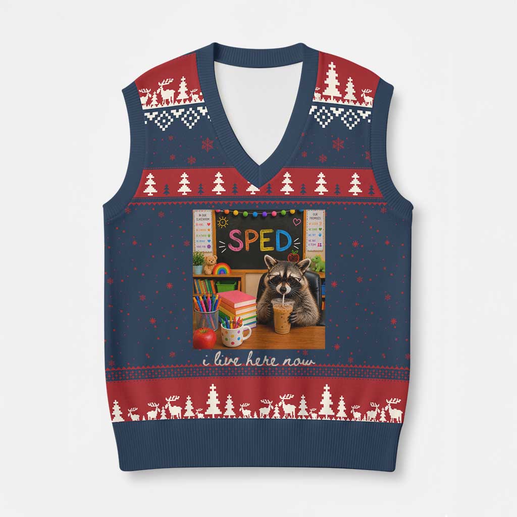 Funny SPED Raccoon Teacher V-Neck Knit Sweater Vest I Live Here Now