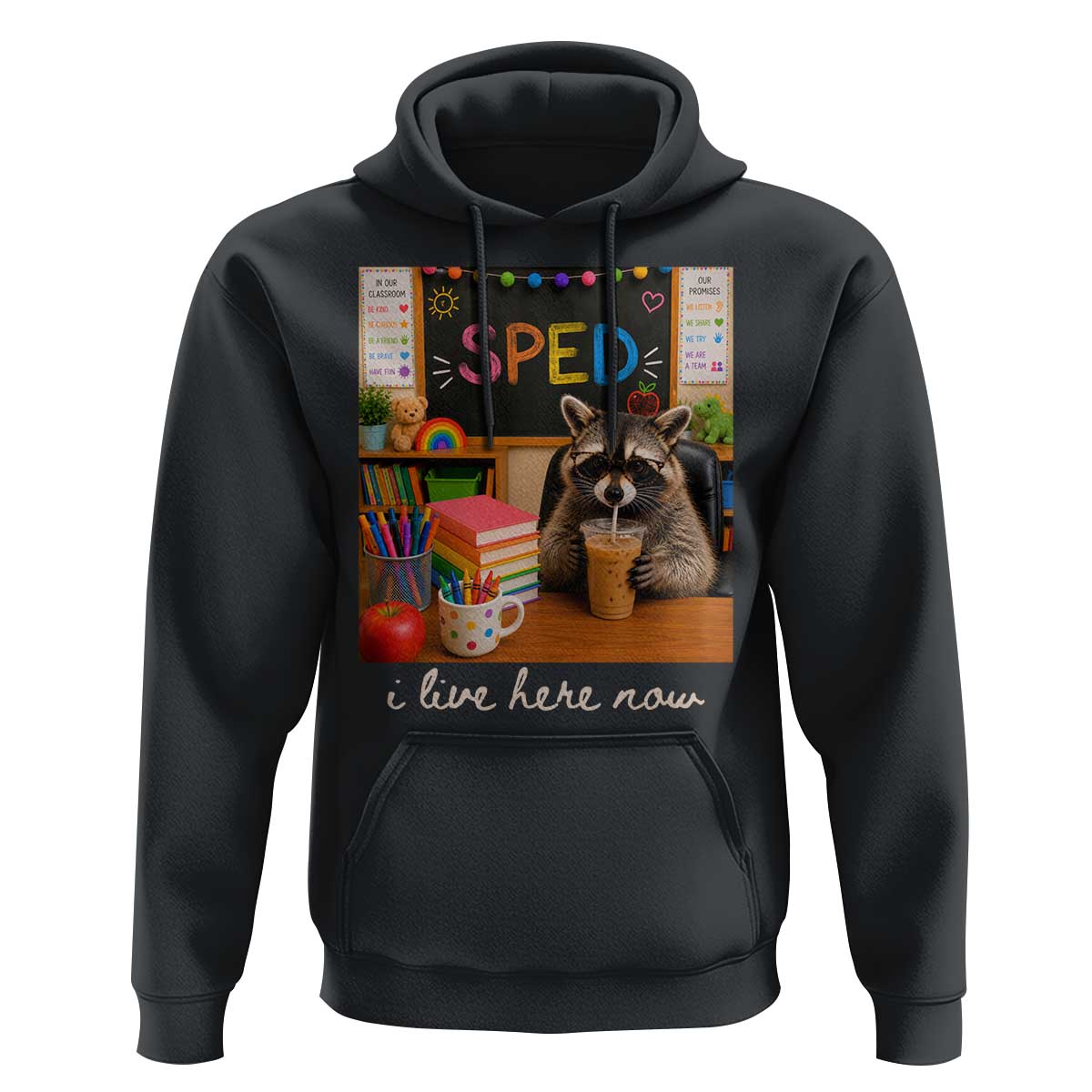 Funny SPED Raccoon Teacher Hoodie I Live Here Now