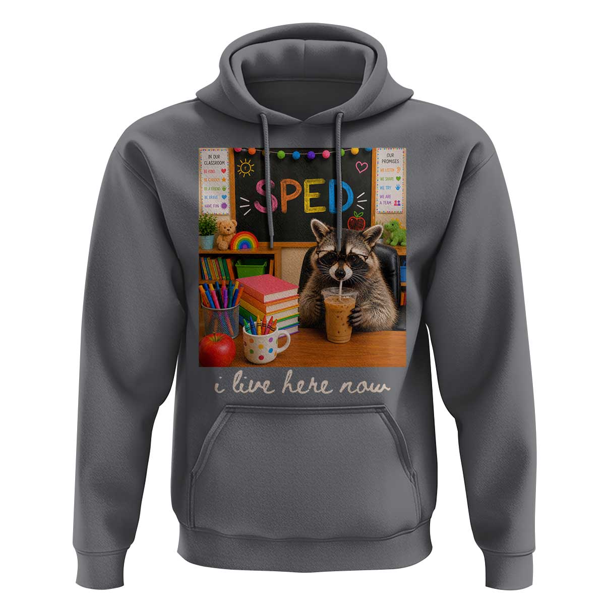 Funny SPED Raccoon Teacher Hoodie I Live Here Now
