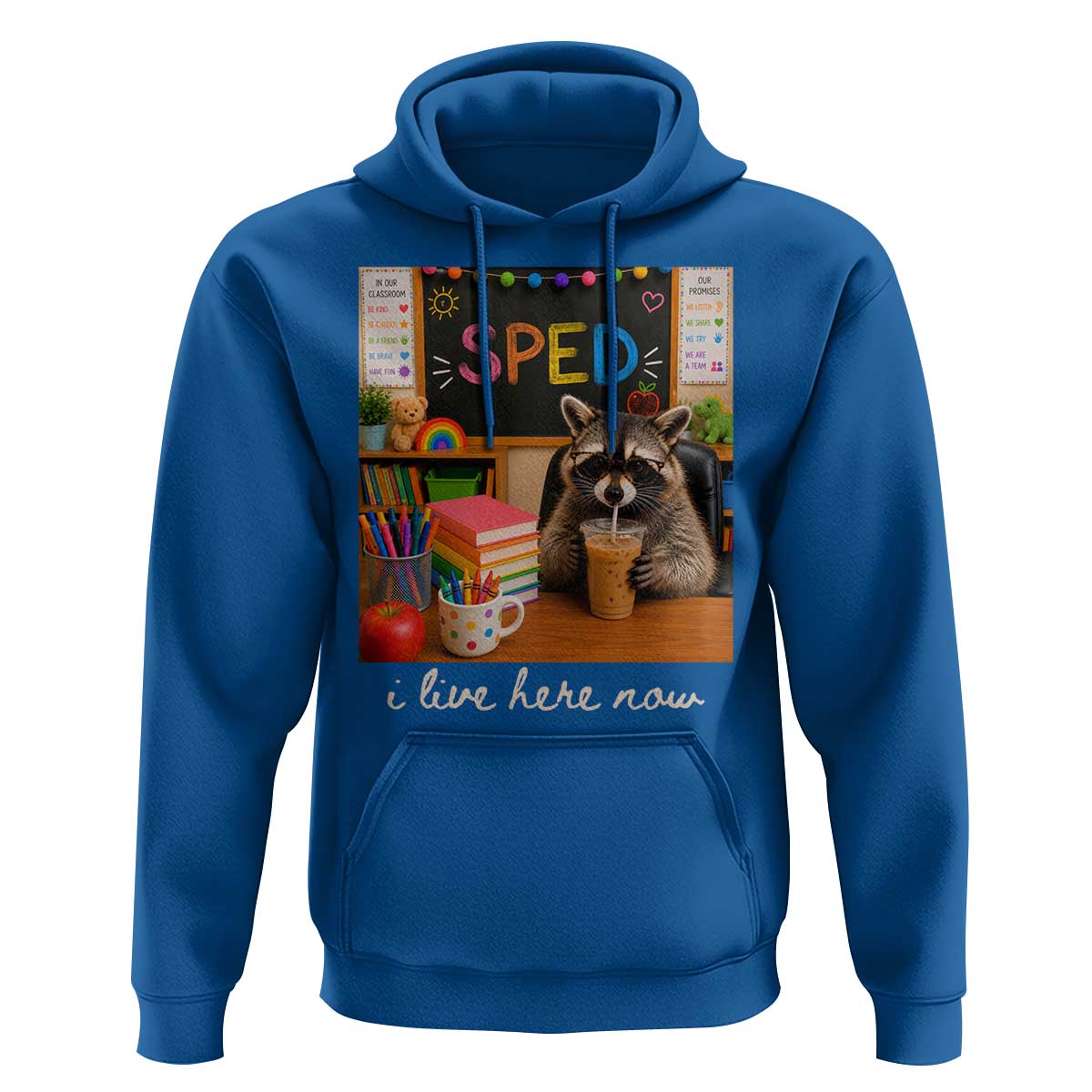 Funny SPED Raccoon Teacher Hoodie I Live Here Now