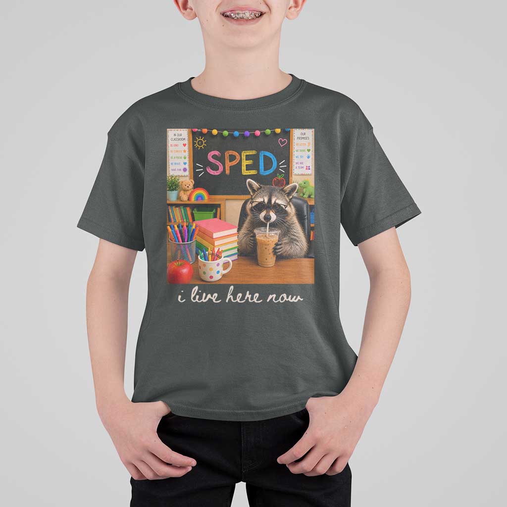 Funny SPED Raccoon Teacher T Shirt For Kid I Live Here Now