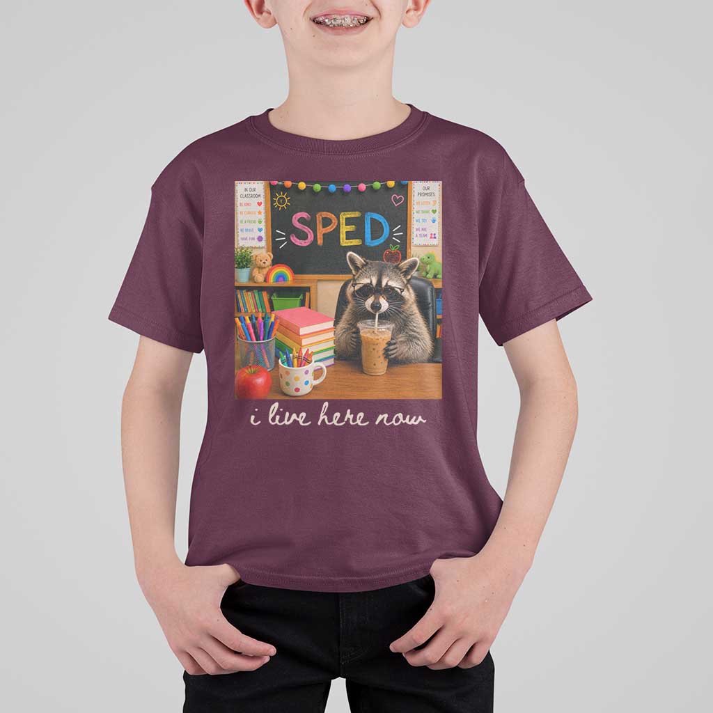 Funny SPED Raccoon Teacher T Shirt For Kid I Live Here Now