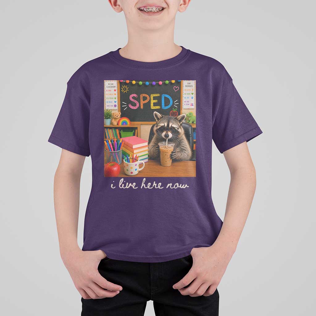 Funny SPED Raccoon Teacher T Shirt For Kid I Live Here Now
