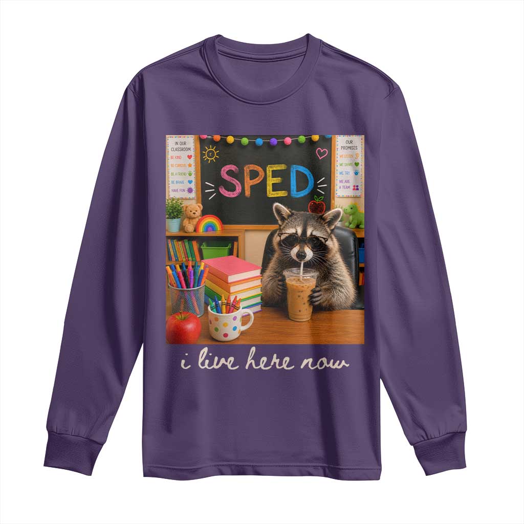 Funny SPED Raccoon Teacher Long Sleeve Shirt I Live Here Now