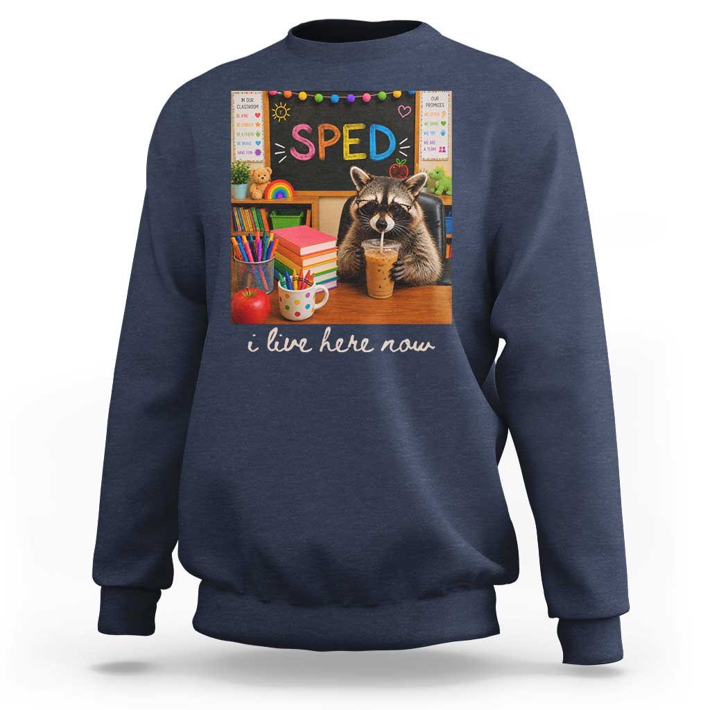 Funny SPED Raccoon Teacher Sweatshirt I Live Here Now