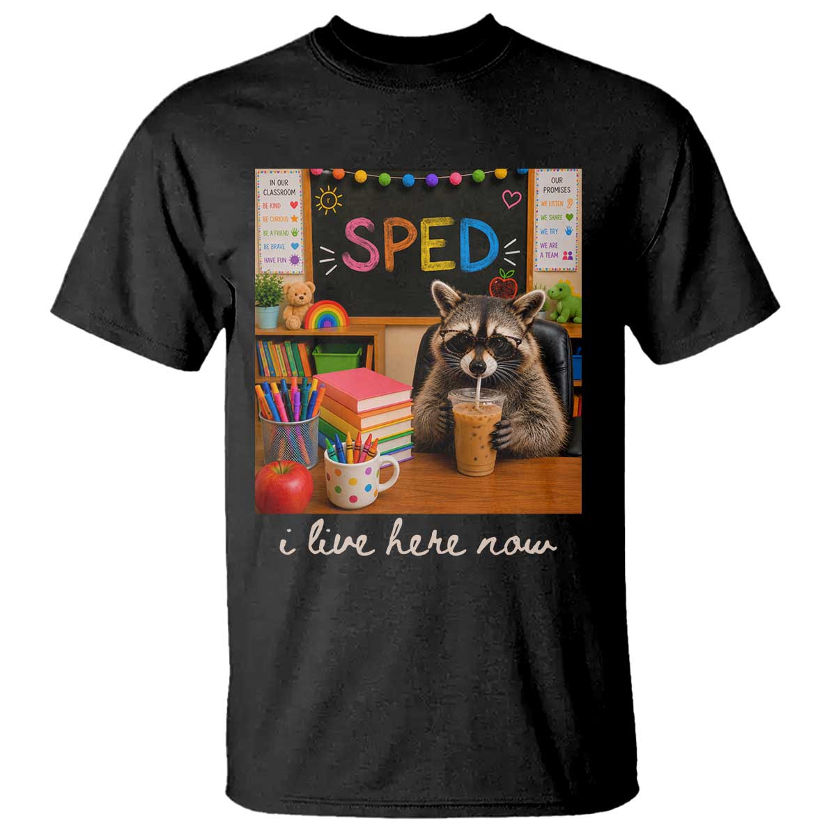 Funny SPED Raccoon Teacher T Shirt I Live Here Now