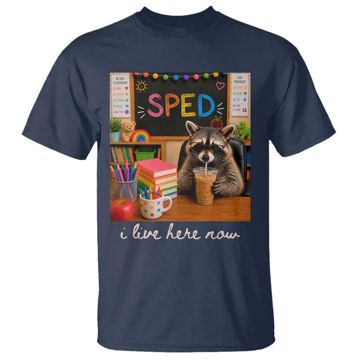Funny SPED Raccoon Teacher T Shirt I Live Here Now