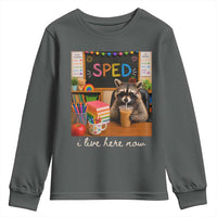 Funny SPED Raccoon Teacher Youth Sweatshirt I Live Here Now