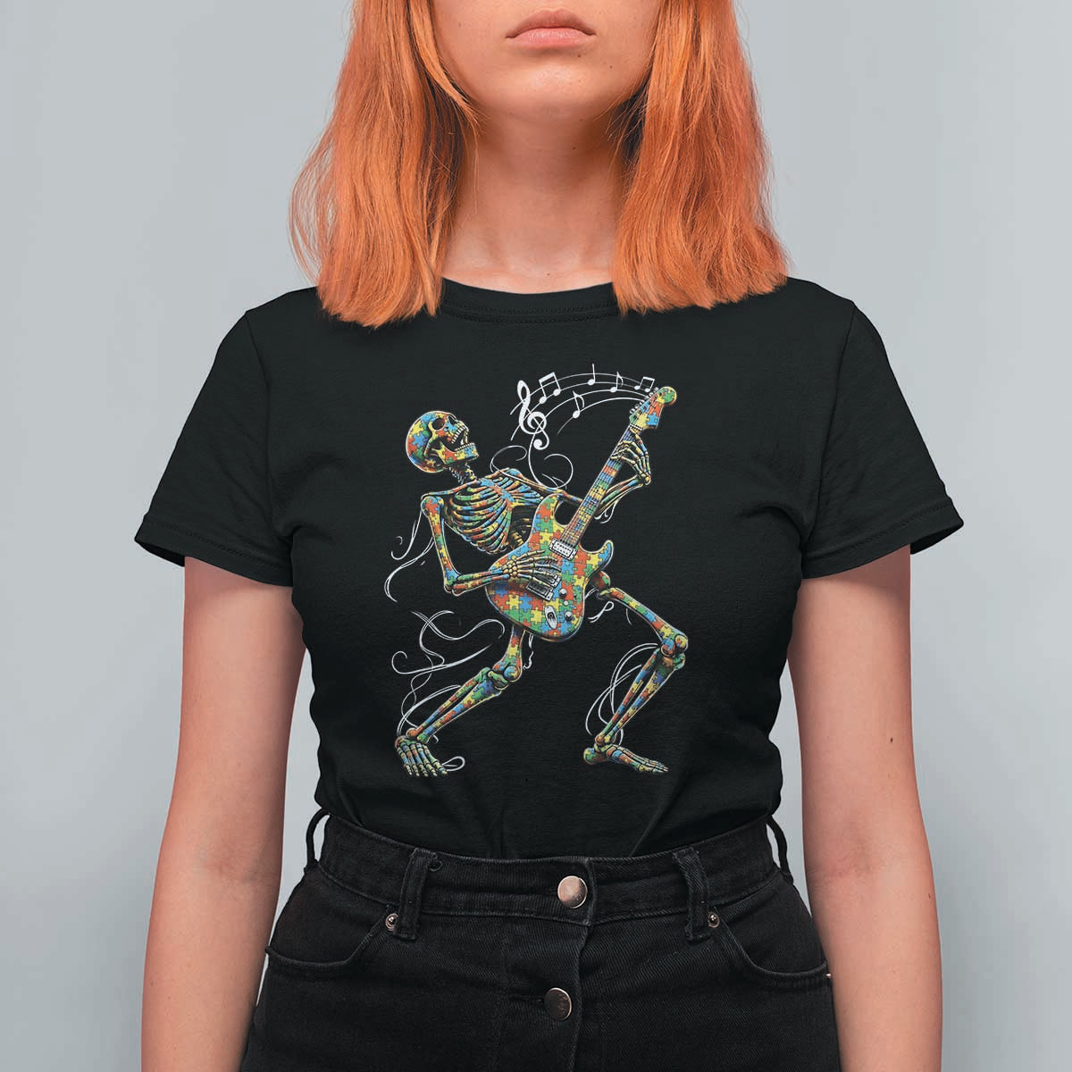 Autism Acceptance Rock Guitar Skeleton T Shirt For Women Music Lover
