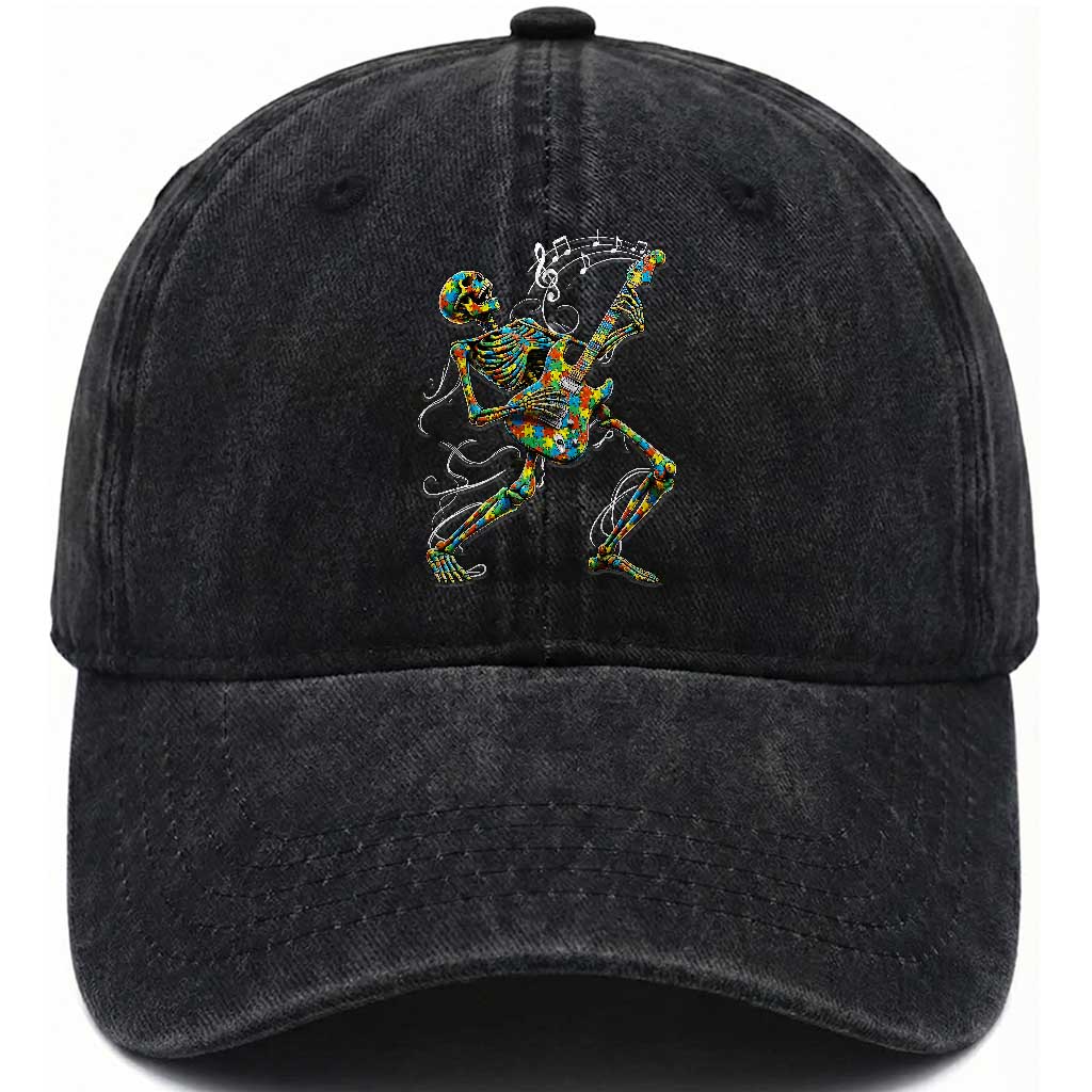 Autism Acceptance Rock Guitar Skeleton Washed Cotton Baseball Cap Music Lover