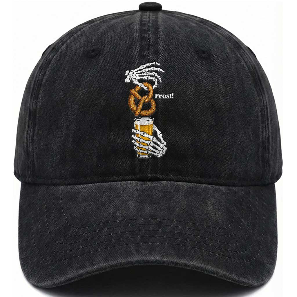 Prost Beer Lover Skeleton Hands German Festival Graphic Washed Cotton Baseball Cap