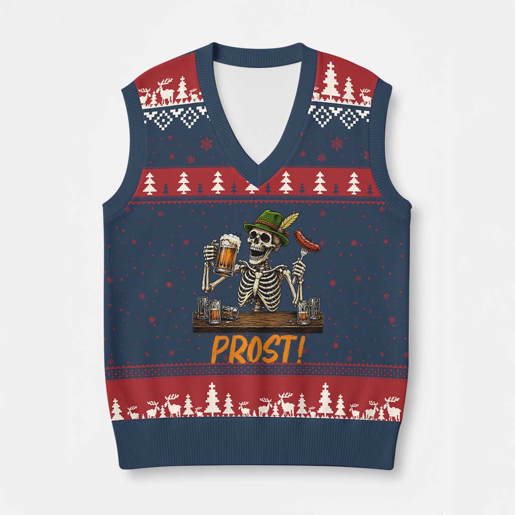 Funny Skeleton Oktoberfest V-Neck Knit Sweater Vest Prost Beer Lover Bavarian Gift
