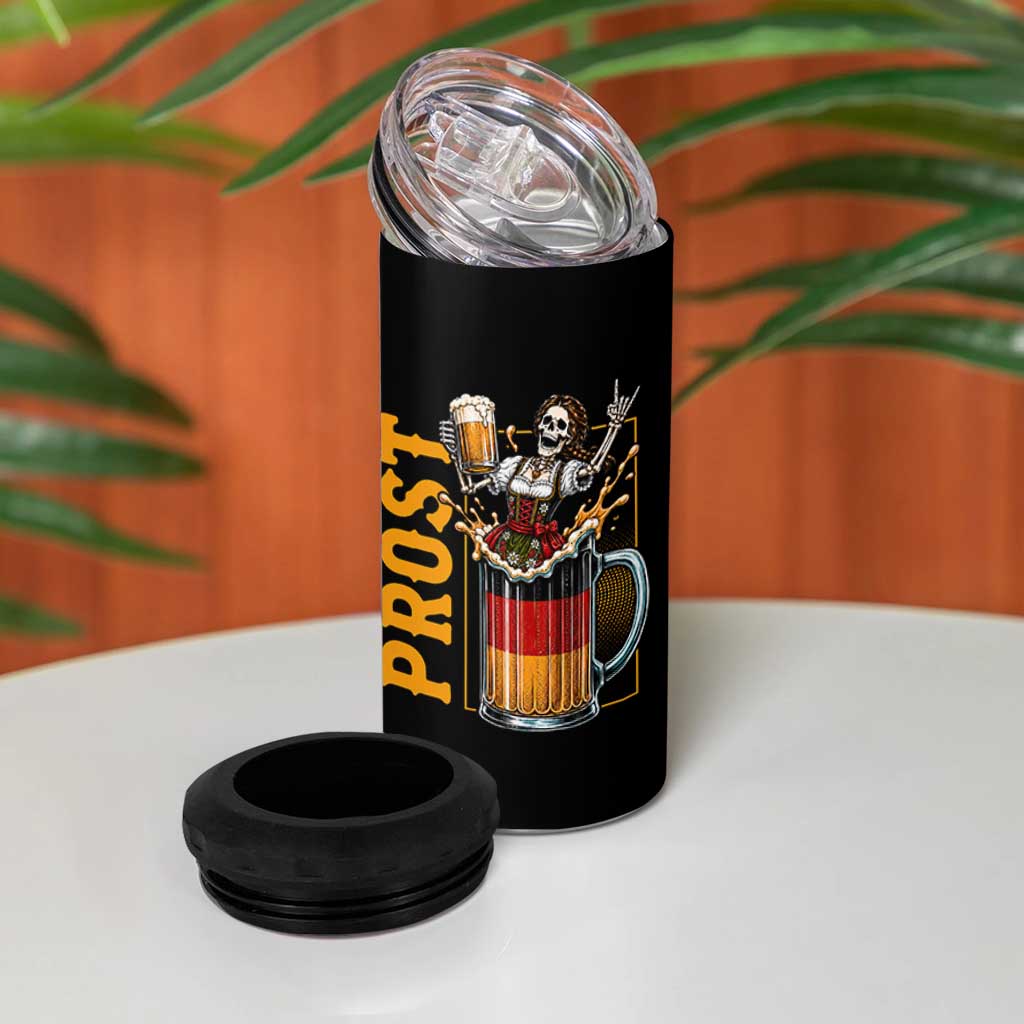 Funny Skeleton Oktoberfest 4 in 1 Can Cooler Tumbler Spooky Prost German Beer Drinker Graphic