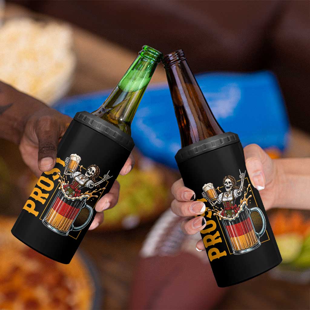 Funny Skeleton Oktoberfest 4 in 1 Can Cooler Tumbler Spooky Prost German Beer Drinker Graphic