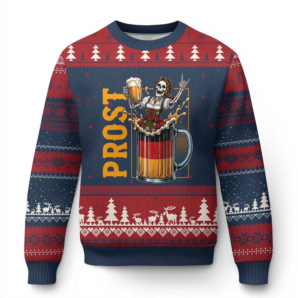 Funny Skeleton Oktoberfest Ugly Christmas Sweater Spooky Prost German Beer Drinker Graphic