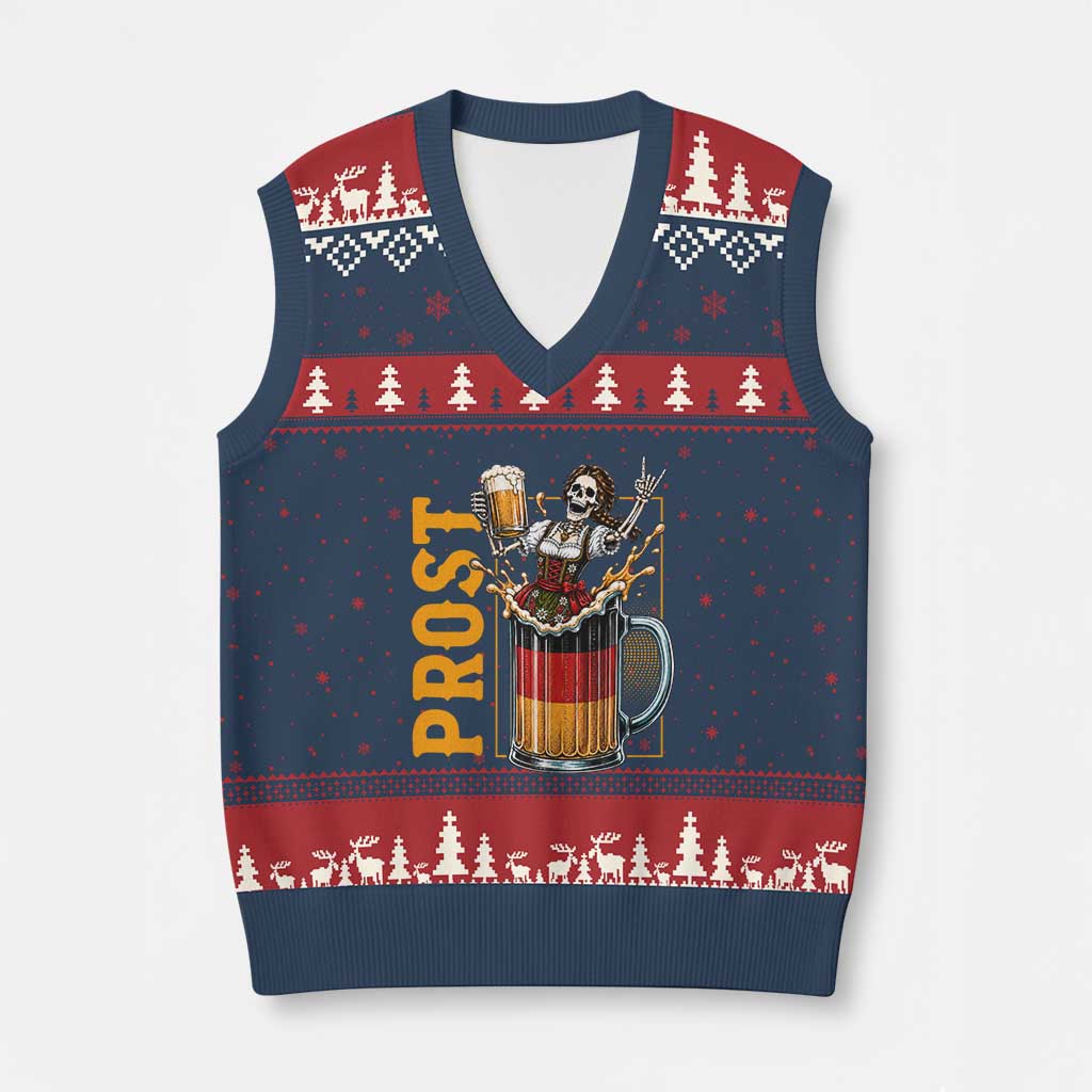 Funny Skeleton Oktoberfest V-Neck Knit Sweater Vest Spooky Prost German Beer Drinker Graphic