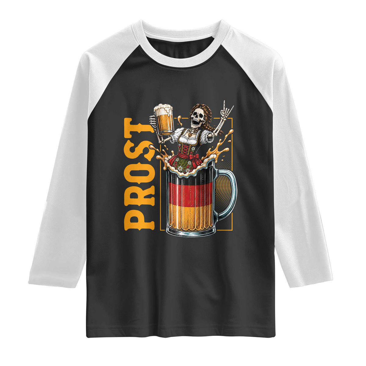Funny Skeleton Oktoberfest Raglan Shirt Spooky Prost German Beer Drinker Graphic