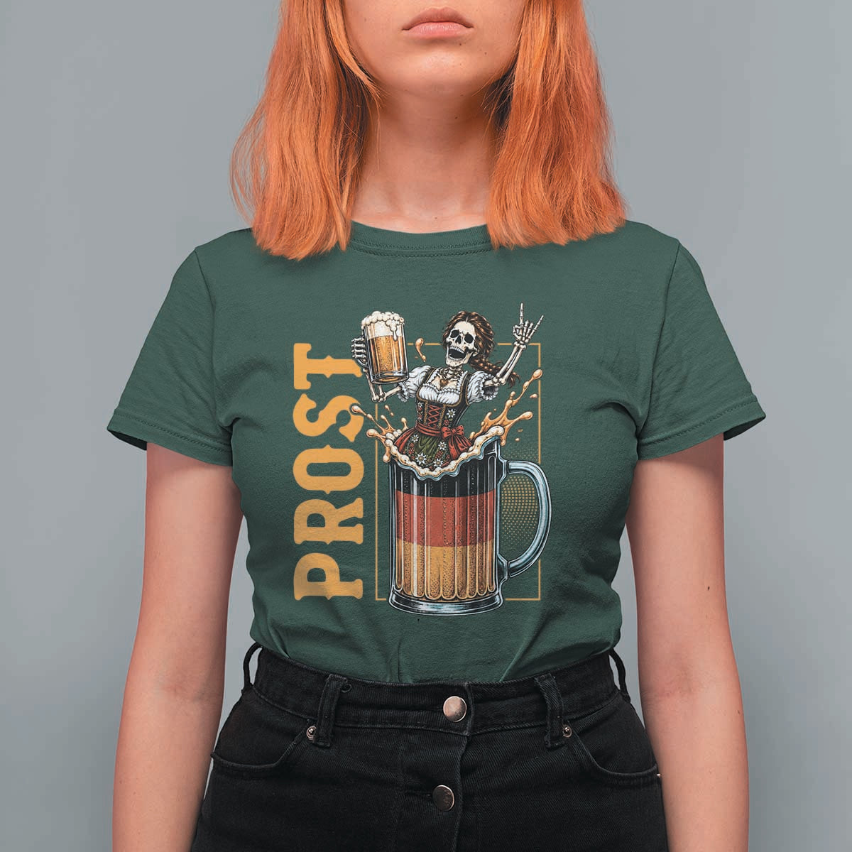 Funny Skeleton Oktoberfest T Shirt For Women Spooky Prost German Beer Drinker Graphic