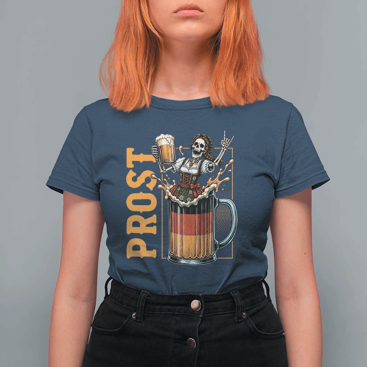 Funny Skeleton Oktoberfest T Shirt For Women Spooky Prost German Beer Drinker Graphic