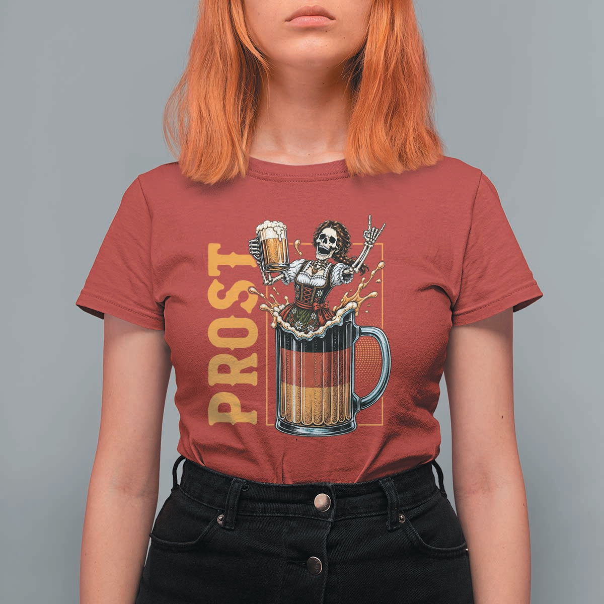 Funny Skeleton Oktoberfest T Shirt For Women Spooky Prost German Beer Drinker Graphic