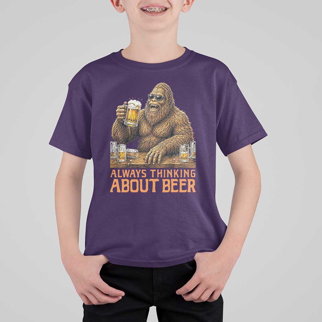 Funny Bigfoot Always Thinking About Beer T Shirt For Kid Beer Drinker Gift