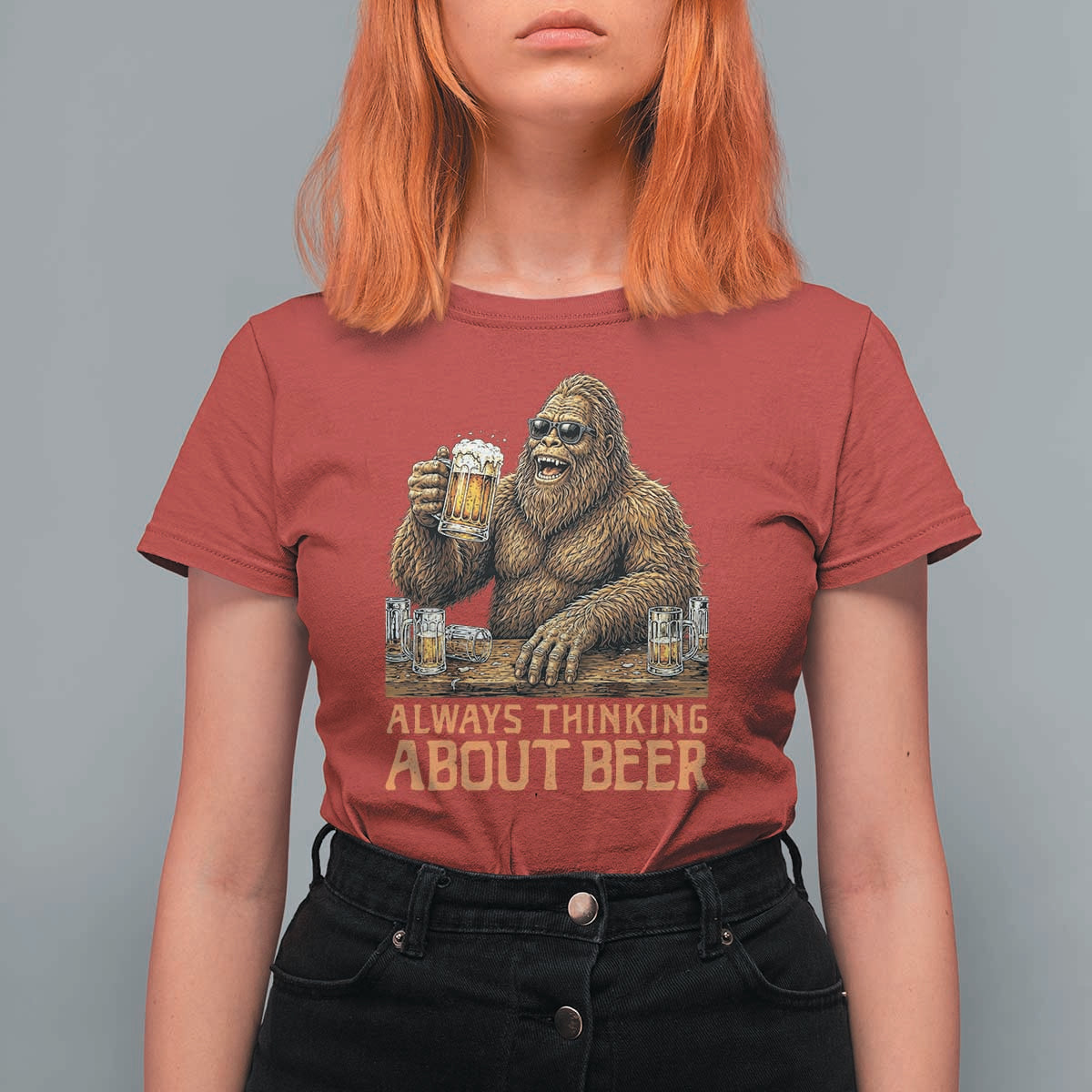 Funny Bigfoot Always Thinking About Beer T Shirt For Women Beer Drinker Gift