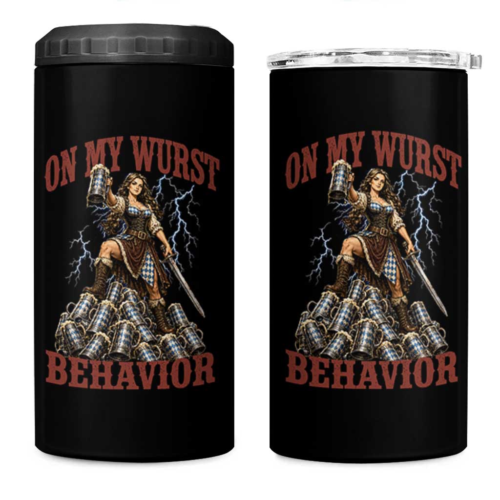 Bavarian Warrior Woman Drinking Beer Oktoberfest Graphic 4 in 1 Can Cooler Tumbler On My Wurst Behavior