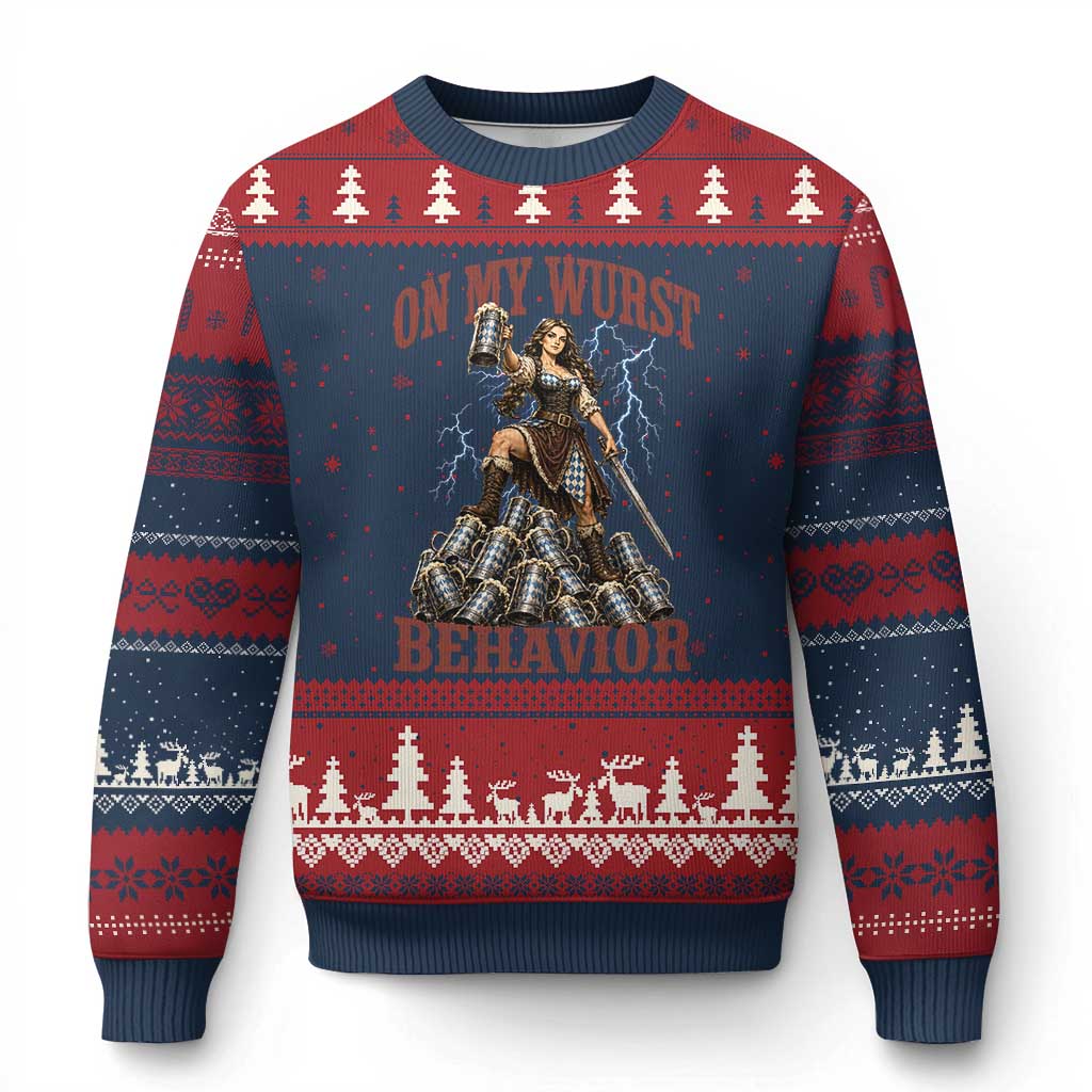 Bavarian Warrior Woman Drinking Beer Oktoberfest Graphic Ugly Christmas Sweater On My Wurst Behavior