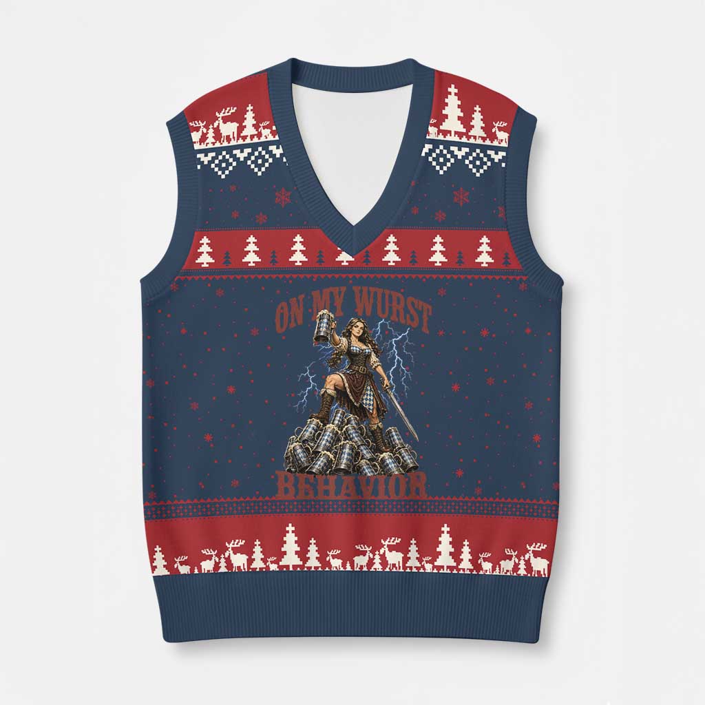 Bavarian Warrior Woman Drinking Beer Oktoberfest Graphic V-Neck Knit Sweater Vest On My Wurst Behavior