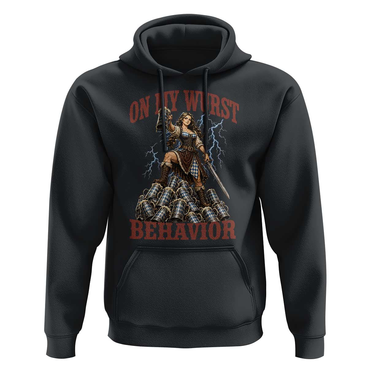 Bavarian Warrior Woman Drinking Beer Oktoberfest Graphic Hoodie On My Wurst Behavior