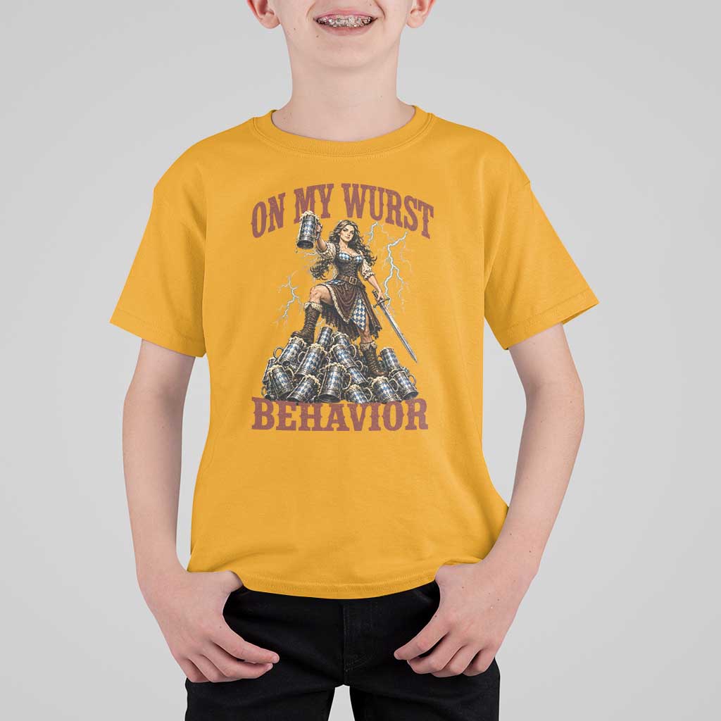 Bavarian Warrior Woman Drinking Beer Oktoberfest Graphic T Shirt For Kid On My Wurst Behavior