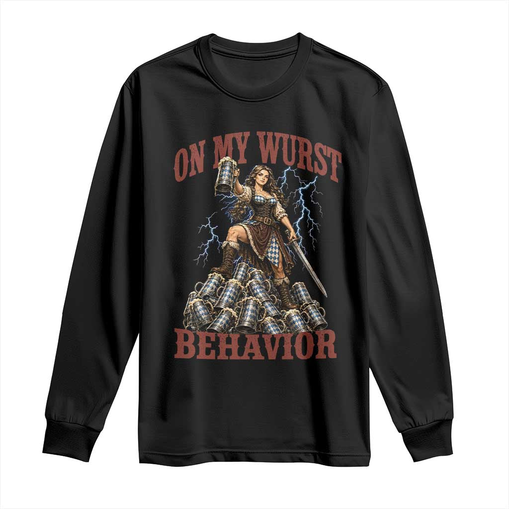 Bavarian Warrior Woman Drinking Beer Oktoberfest Graphic Long Sleeve Shirt On My Wurst Behavior