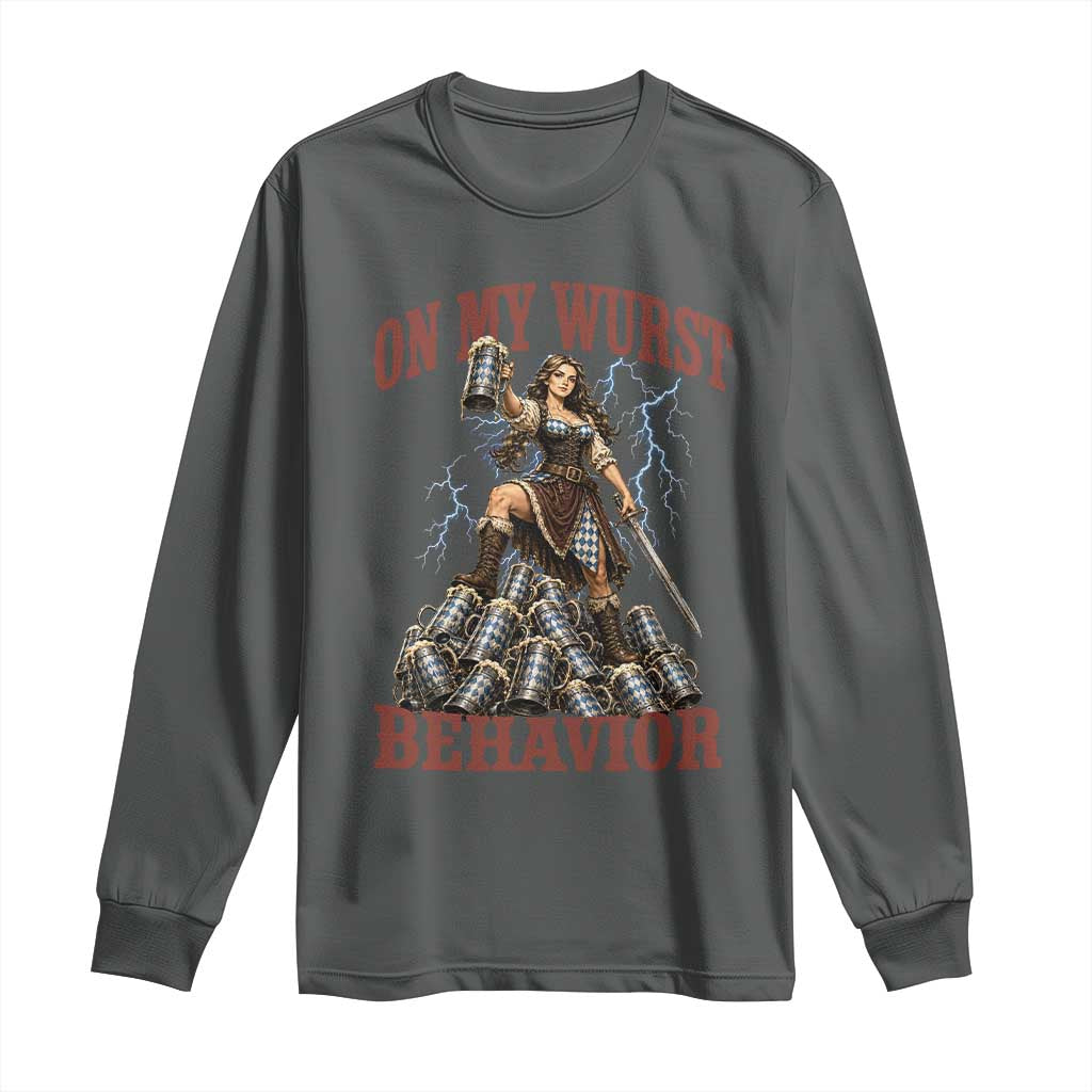 Bavarian Warrior Woman Drinking Beer Oktoberfest Graphic Long Sleeve Shirt On My Wurst Behavior
