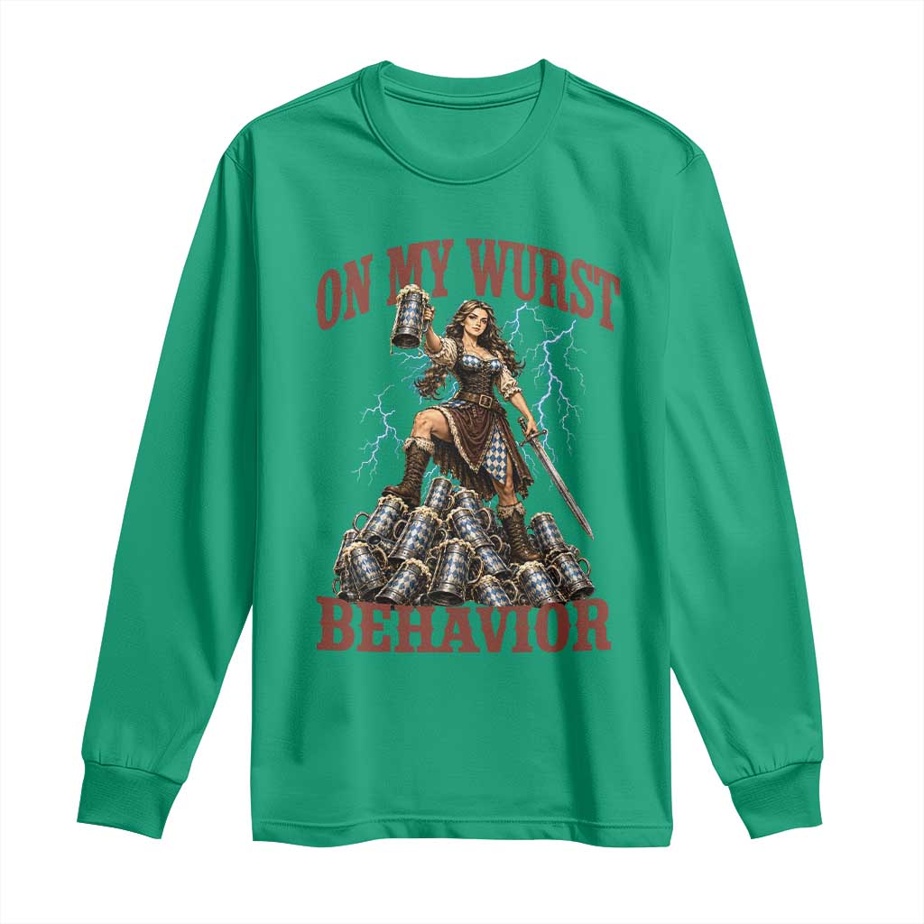 Bavarian Warrior Woman Drinking Beer Oktoberfest Graphic Long Sleeve Shirt On My Wurst Behavior