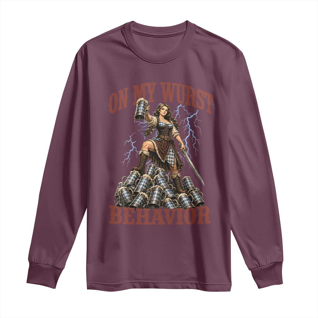 Bavarian Warrior Woman Drinking Beer Oktoberfest Graphic Long Sleeve Shirt On My Wurst Behavior