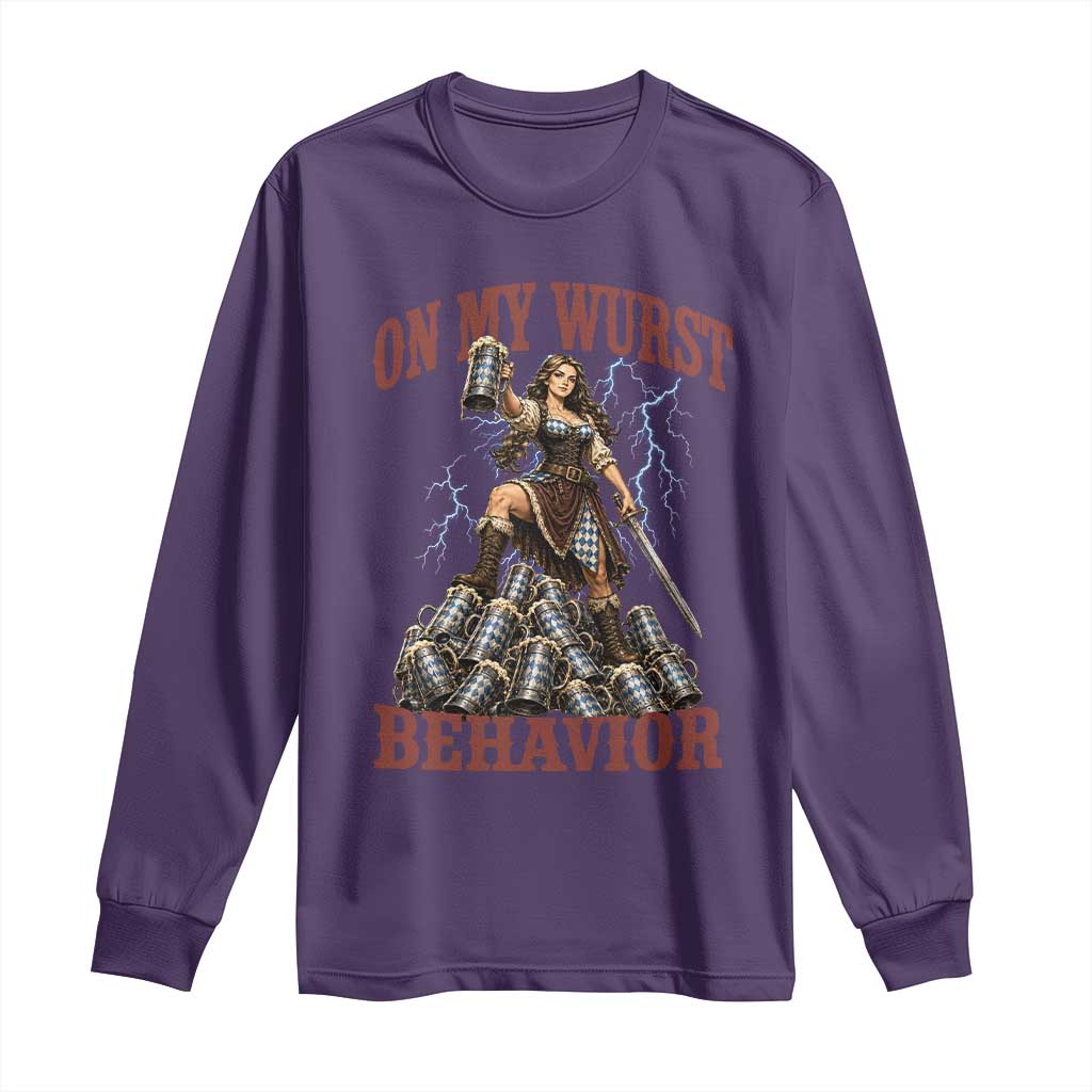 Bavarian Warrior Woman Drinking Beer Oktoberfest Graphic Long Sleeve Shirt On My Wurst Behavior