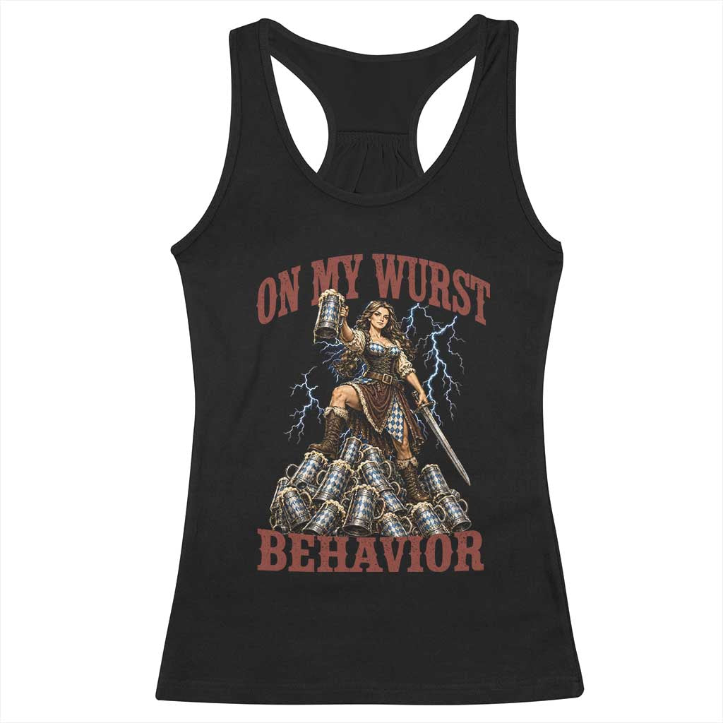 Bavarian Warrior Woman Drinking Beer Oktoberfest Graphic Racerback Tank Top On My Wurst Behavior