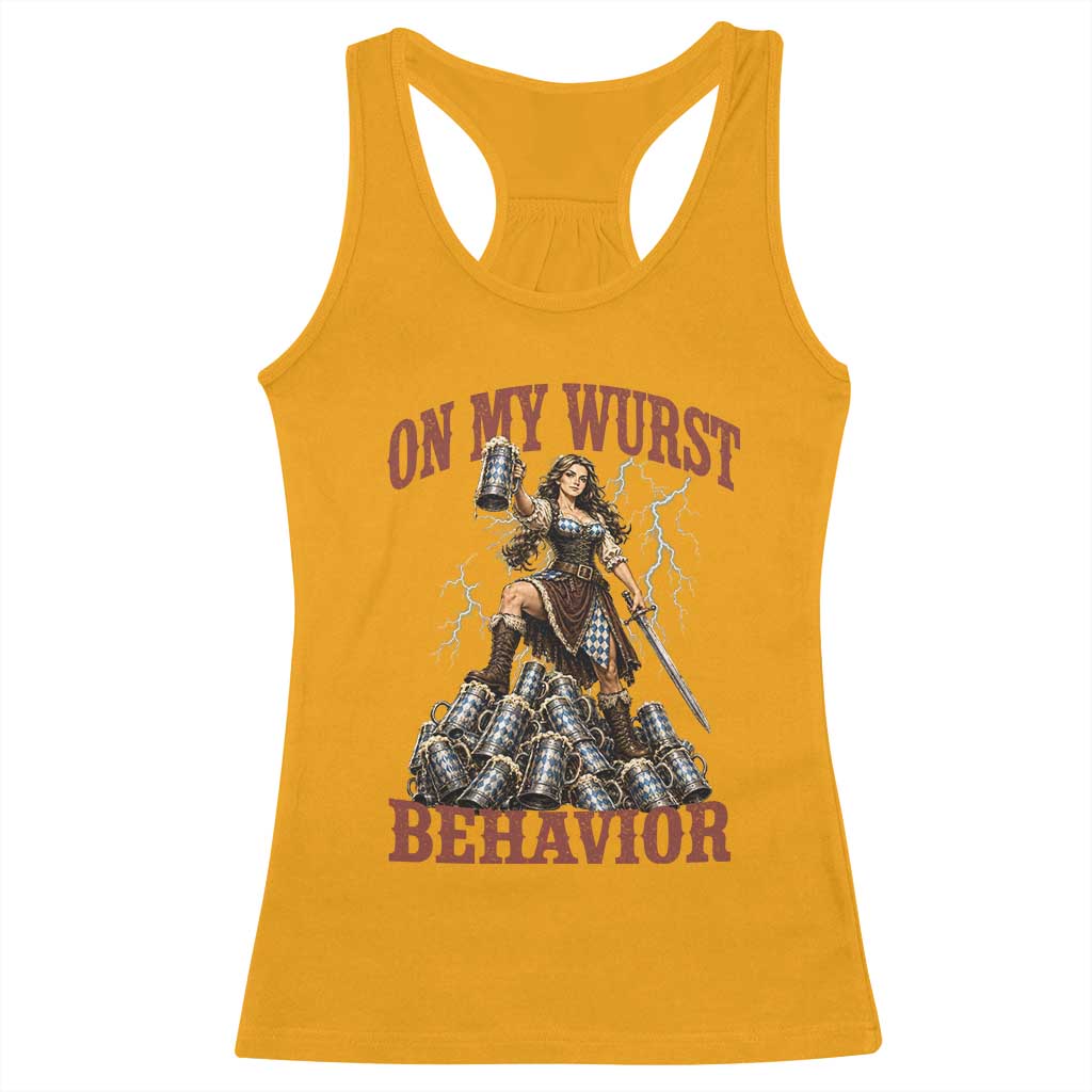 Bavarian Warrior Woman Drinking Beer Oktoberfest Graphic Racerback Tank Top On My Wurst Behavior