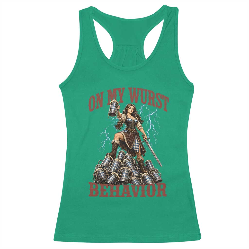 Bavarian Warrior Woman Drinking Beer Oktoberfest Graphic Racerback Tank Top On My Wurst Behavior