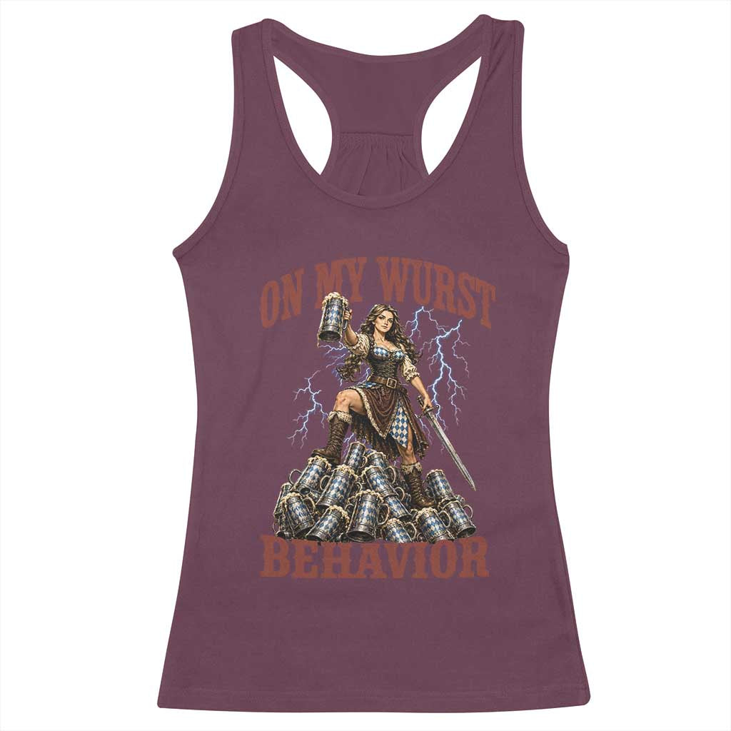 Bavarian Warrior Woman Drinking Beer Oktoberfest Graphic Racerback Tank Top On My Wurst Behavior