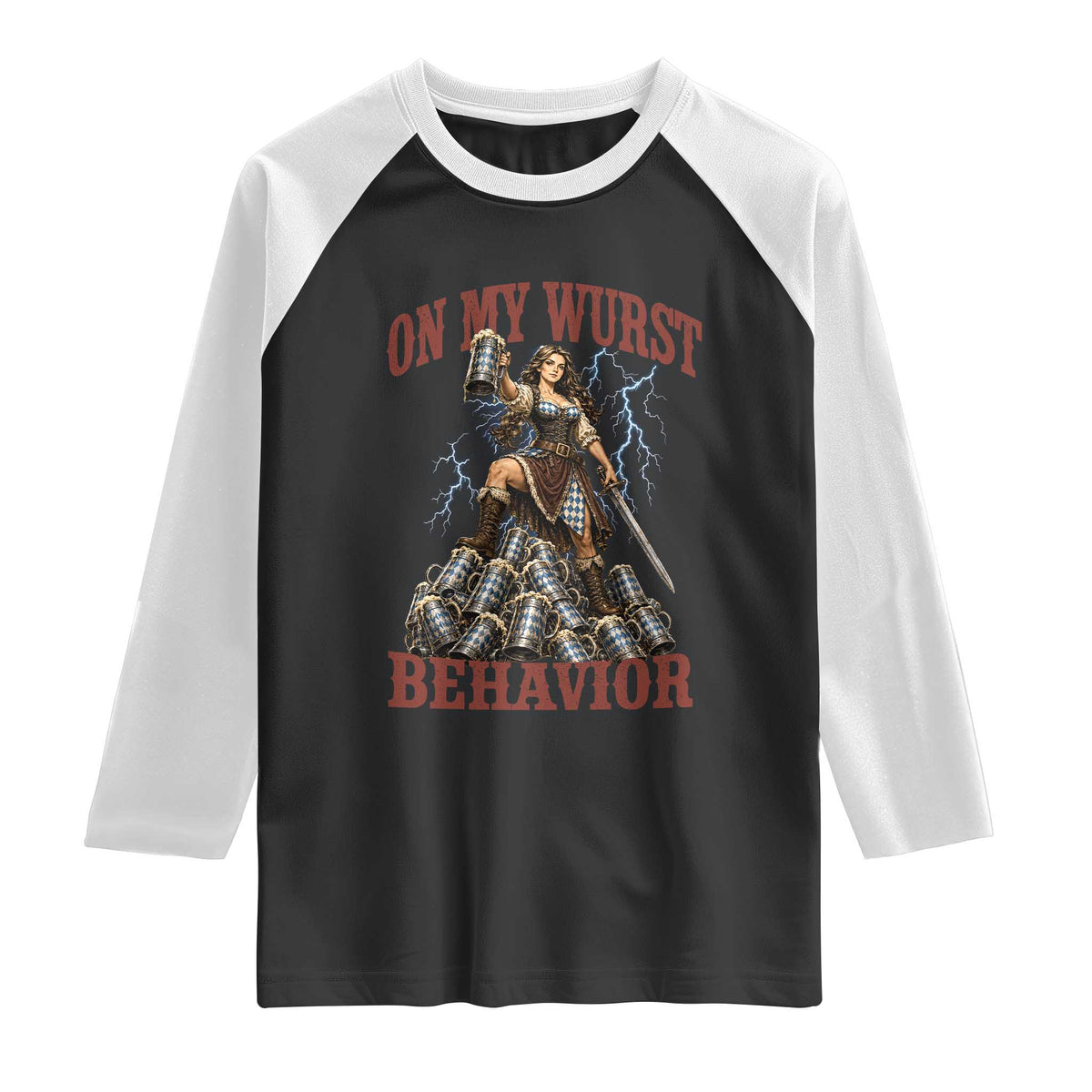 Bavarian Warrior Woman Drinking Beer Oktoberfest Graphic Raglan Shirt On My Wurst Behavior