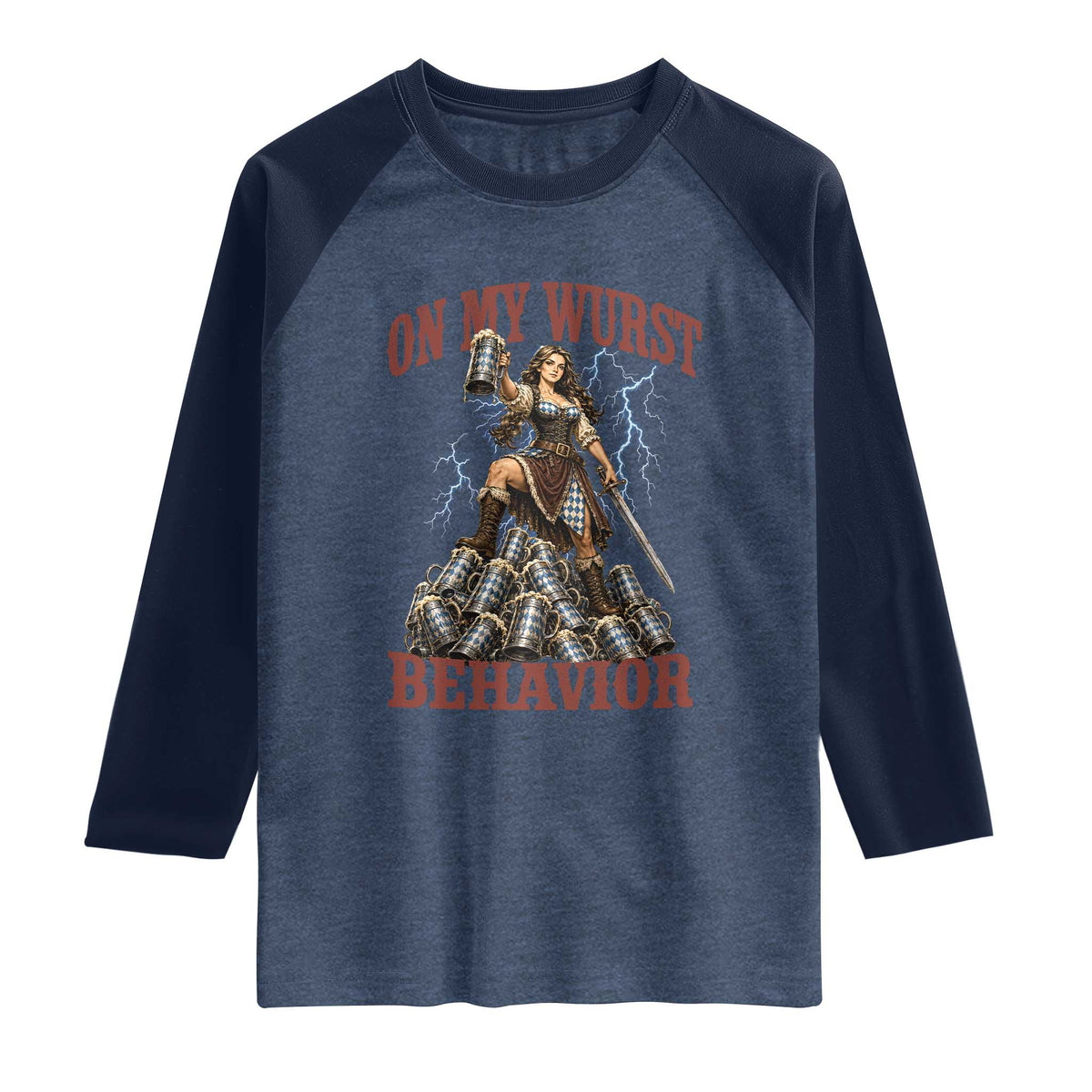 Bavarian Warrior Woman Drinking Beer Oktoberfest Graphic Raglan Shirt On My Wurst Behavior