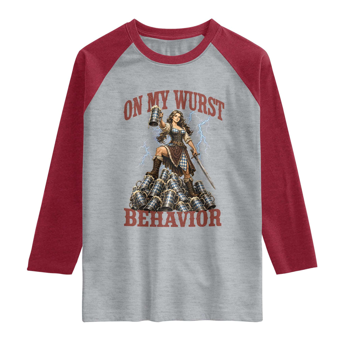 Bavarian Warrior Woman Drinking Beer Oktoberfest Graphic Raglan Shirt On My Wurst Behavior