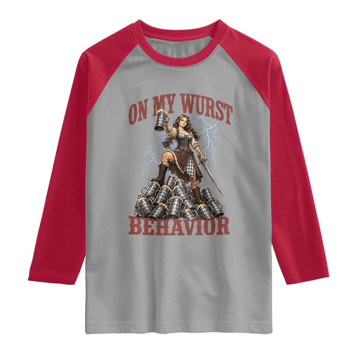 Bavarian Warrior Woman Drinking Beer Oktoberfest Graphic Raglan Shirt On My Wurst Behavior