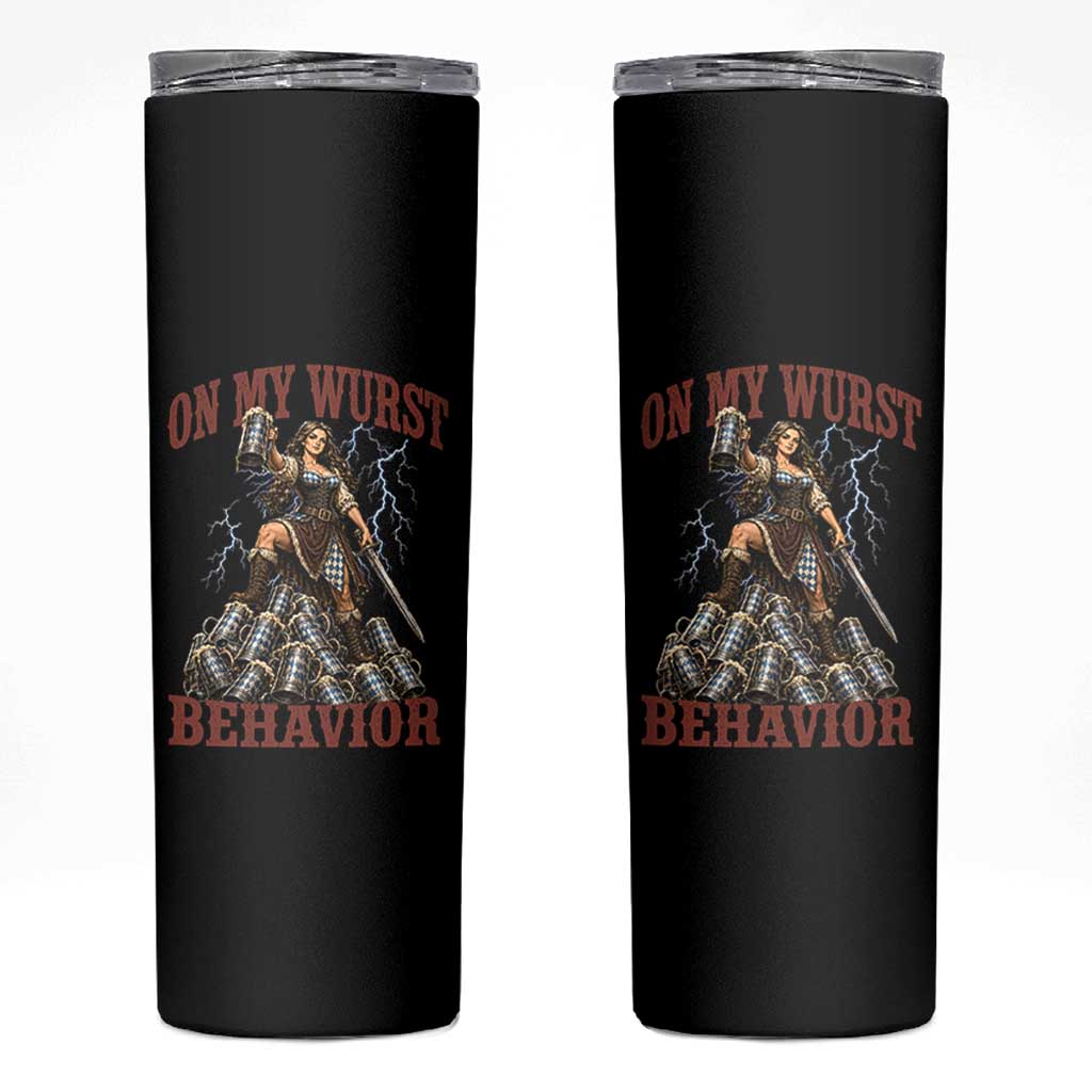 Bavarian Warrior Woman Drinking Beer Oktoberfest Graphic Skinny Tumbler On My Wurst Behavior