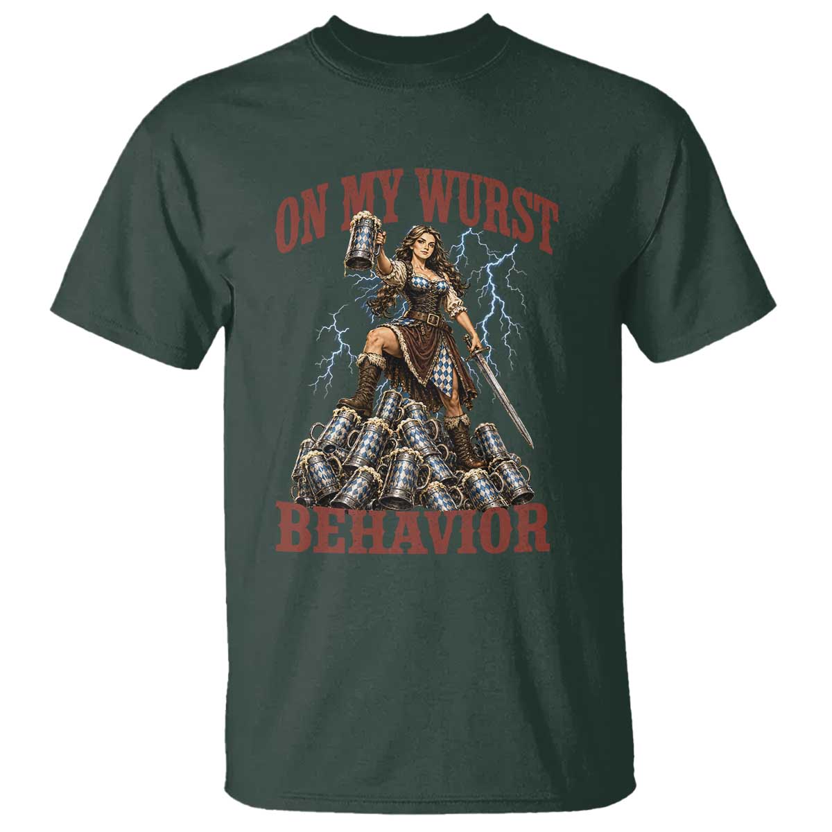Bavarian Warrior Woman Drinking Beer Oktoberfest Graphic T Shirt On My Wurst Behavior