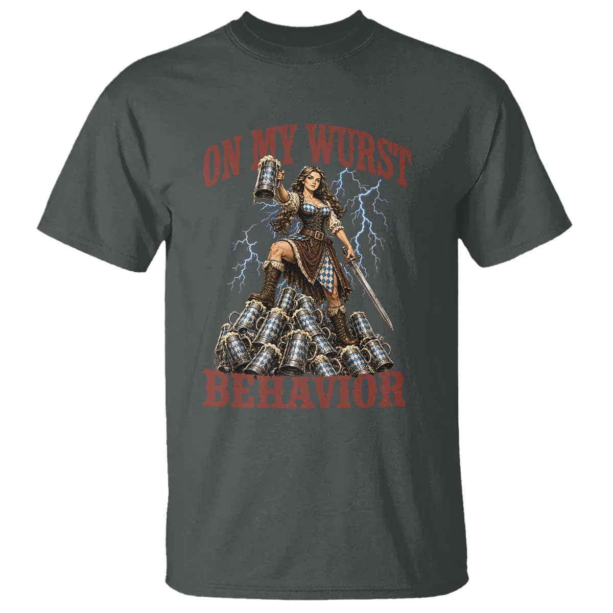 Bavarian Warrior Woman Drinking Beer Oktoberfest Graphic T Shirt On My Wurst Behavior