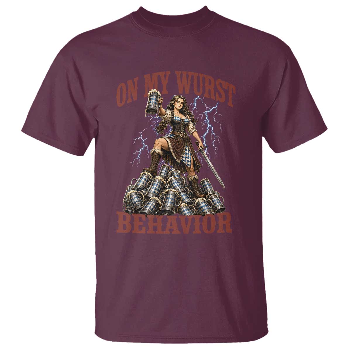 Bavarian Warrior Woman Drinking Beer Oktoberfest Graphic T Shirt On My Wurst Behavior
