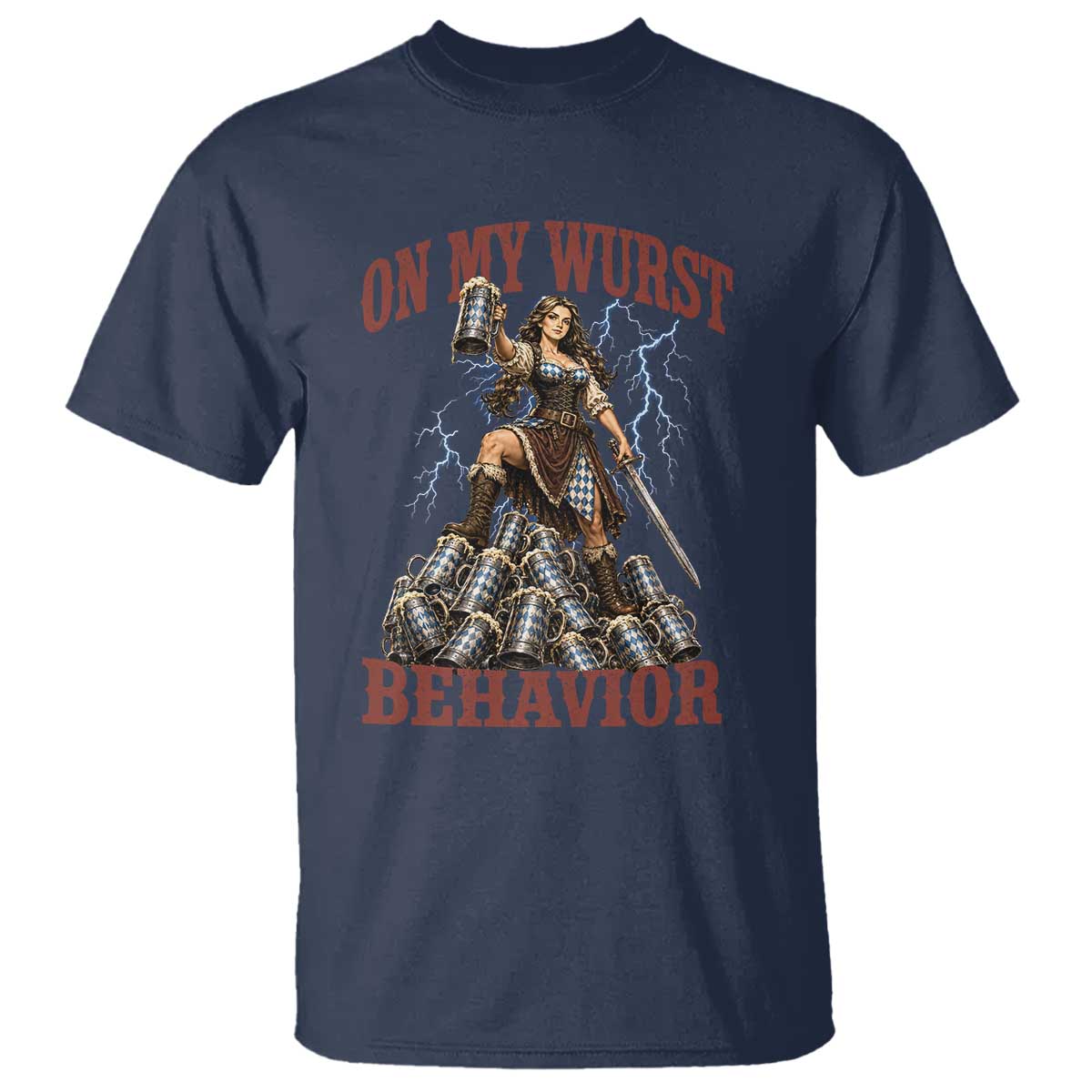 Bavarian Warrior Woman Drinking Beer Oktoberfest Graphic T Shirt On My Wurst Behavior